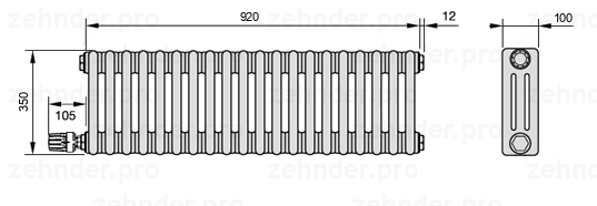 Схема (чертеж) Радиатор Zehnder Charleston 3035/20 №V004 Белый глянцевый RAL 9016